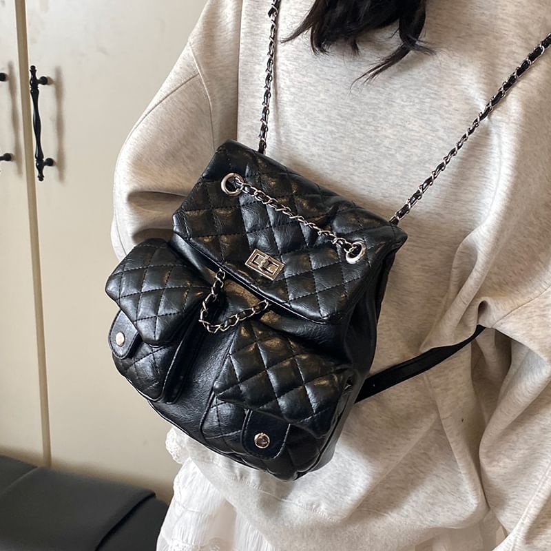 Quilted Strap Faux Leather Chain Backpack