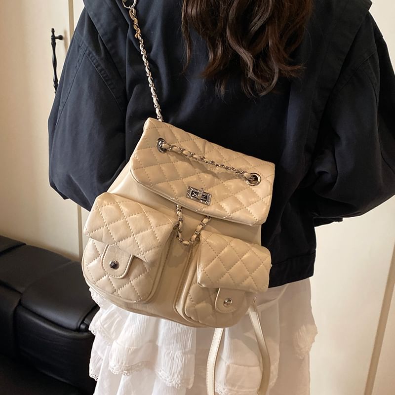 Quilted Strap Faux Leather Chain Backpack