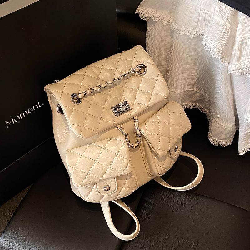 Quilted Strap Faux Leather Chain Backpack