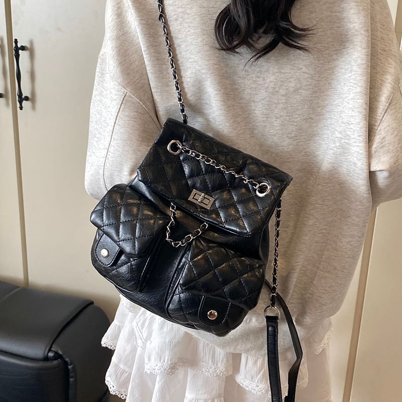Quilted Strap Faux Leather Chain Backpack