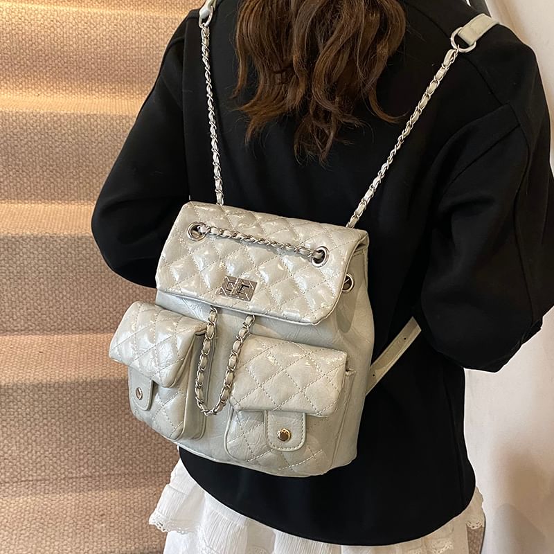 Quilted Strap Faux Leather Chain Backpack