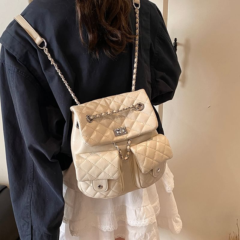 Quilted Strap Faux Leather Chain Backpack