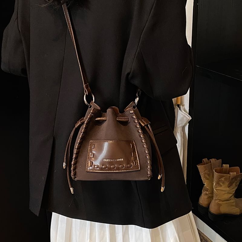 Faux Bucket Leather Bag Drawstring Applique
