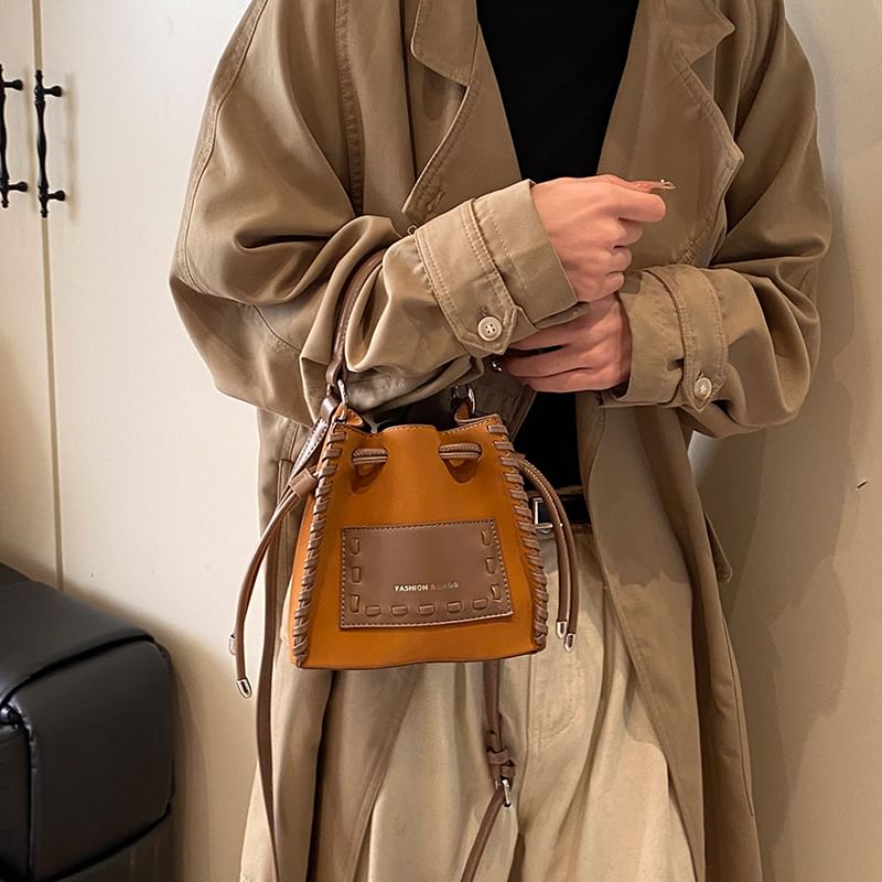 Faux Bucket Leather Bag Drawstring Applique
