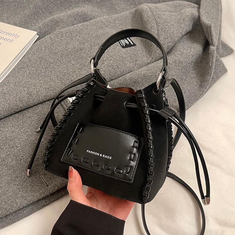 Faux Bucket Leather Bag Drawstring Applique