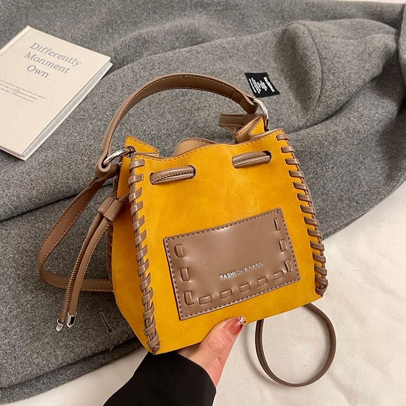 Faux Bucket Leather Bag Drawstring Applique