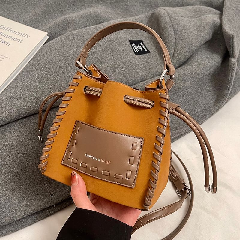 Faux Bucket Leather Bag Drawstring Applique