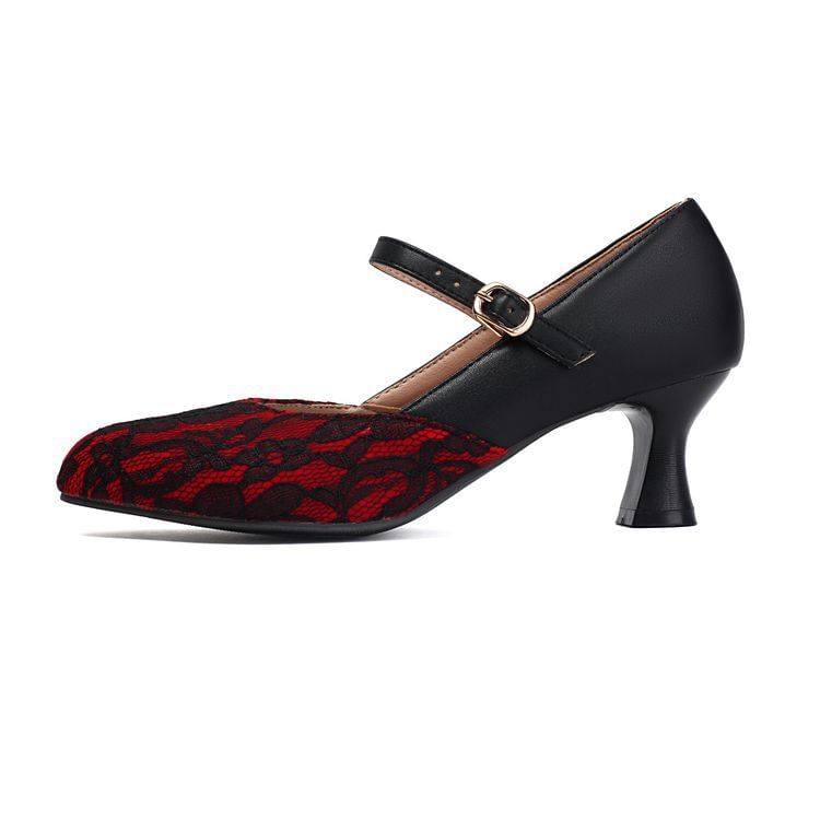 Mary Jane Panel Lace Heel High Pumps Buckled