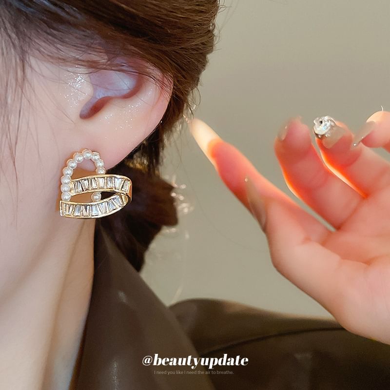 Pearl Hoop / Ear Rhinestone Stud Earring Heart Faux