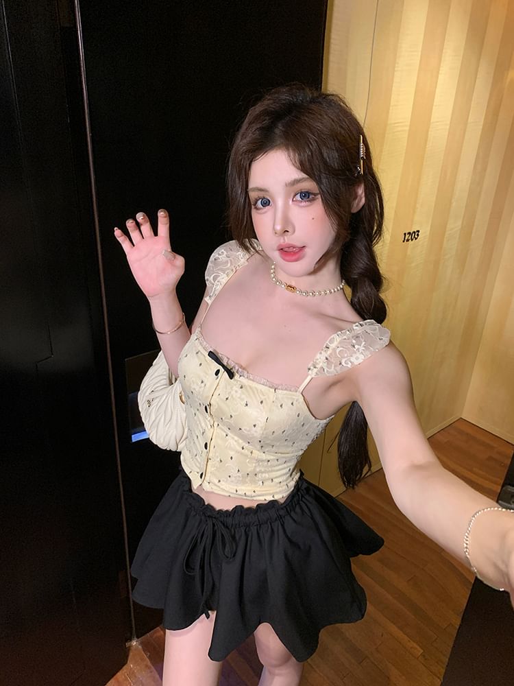 Floral Camisole Cropped Lace Bow Top