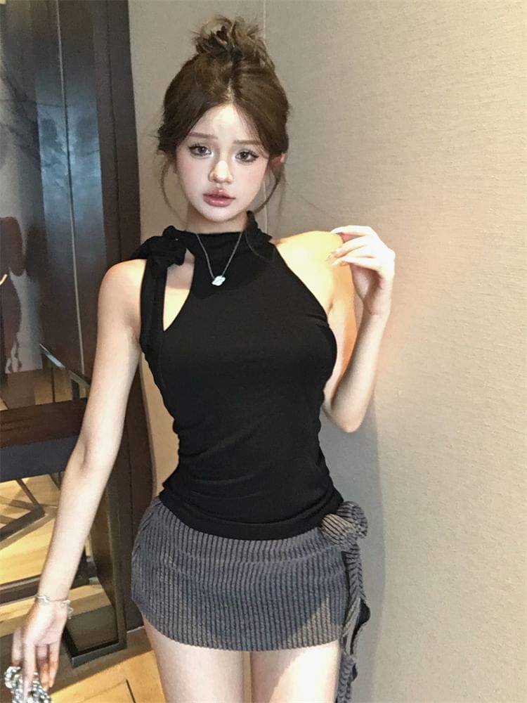 Waist Flower Neck Mock Mini Skirt Top Halter Plain Pencil Low / Detail