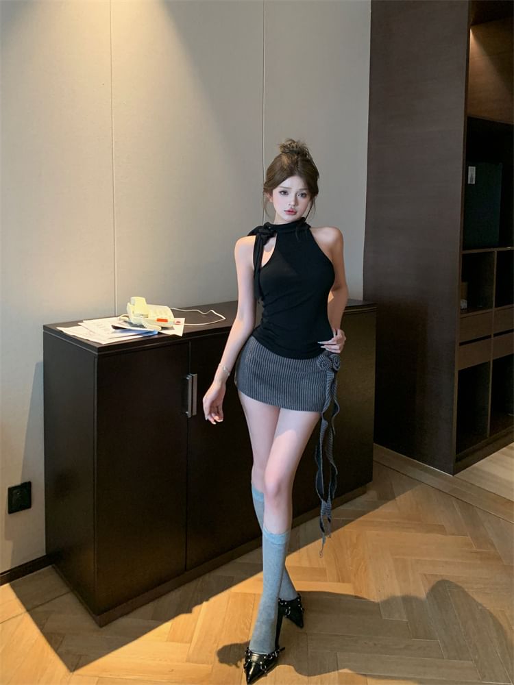 Waist Flower Neck Mock Mini Skirt Top Halter Plain Pencil Low / Detail