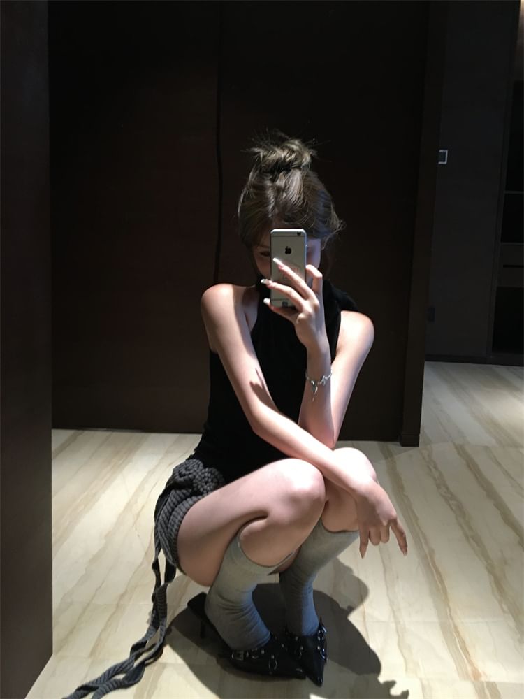 Waist Flower Neck Mock Mini Skirt Top Halter Plain Pencil Low / Detail