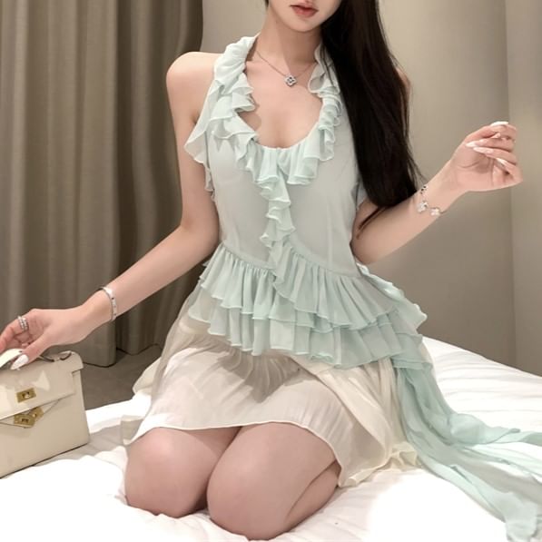 / Top High Scoop Halter Asymmetrical A-Line Skirt Rise Mini Neck Plain Ruffle