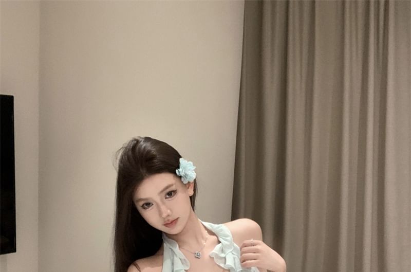 / Top High Scoop Halter Asymmetrical A-Line Skirt Rise Mini Neck Plain Ruffle