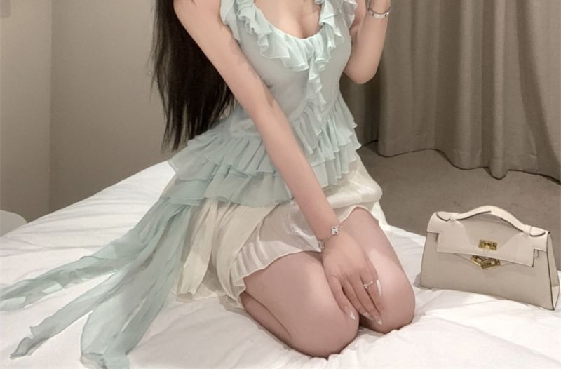 / Top High Scoop Halter Asymmetrical A-Line Skirt Rise Mini Neck Plain Ruffle