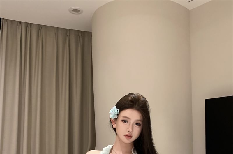 / Top High Scoop Halter Asymmetrical A-Line Skirt Rise Mini Neck Plain Ruffle