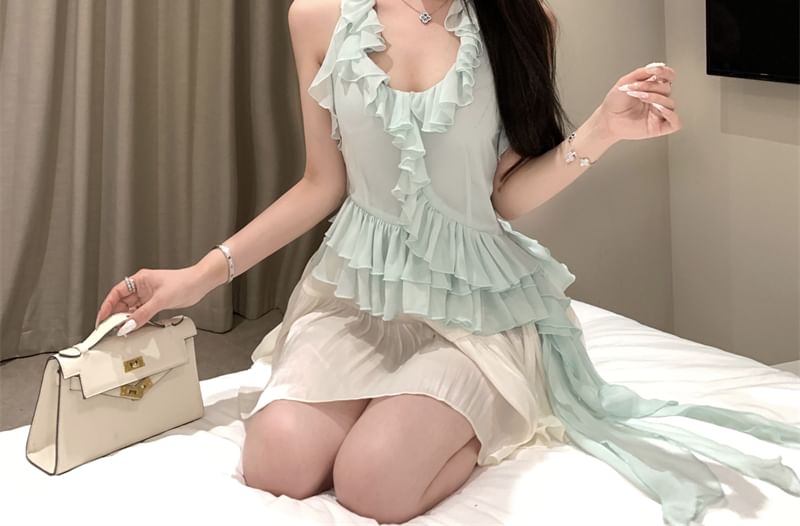 / Top High Scoop Halter Asymmetrical A-Line Skirt Rise Mini Neck Plain Ruffle