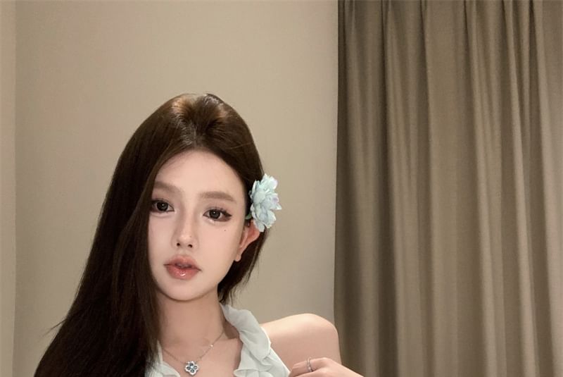 / Top High Scoop Halter Asymmetrical A-Line Skirt Rise Mini Neck Plain Ruffle