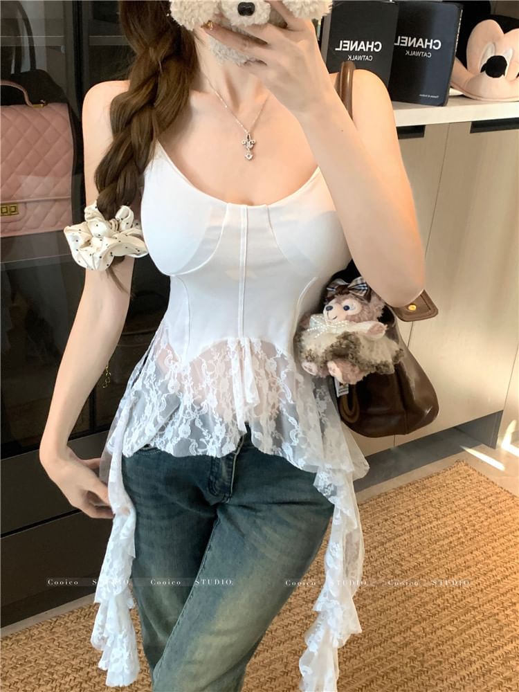 Neck Trim Top Scoop Plain Lace Camisole Asymmetrical