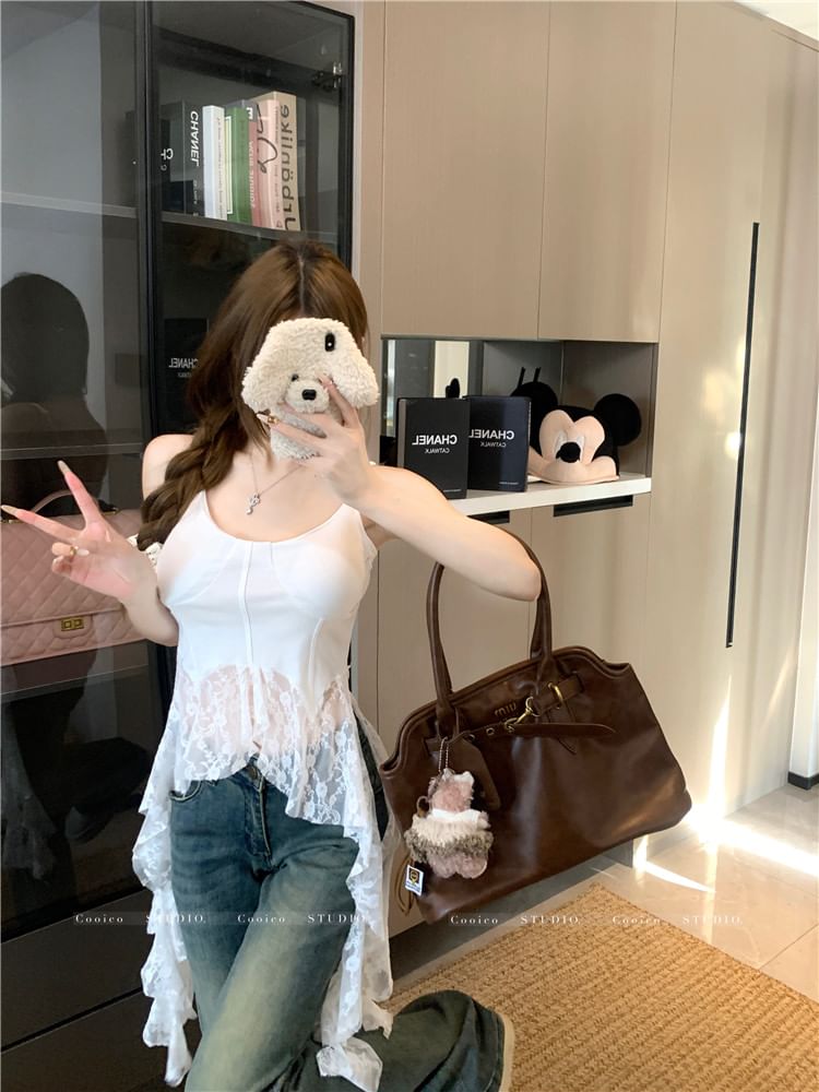 Neck Trim Top Scoop Plain Lace Camisole Asymmetrical