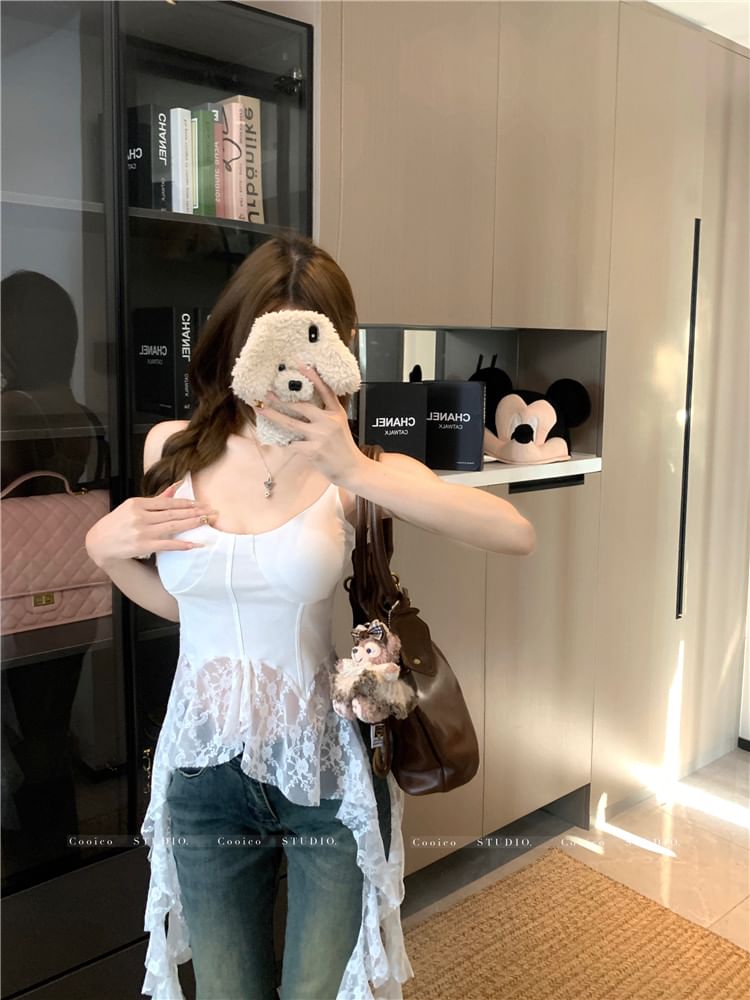 Neck Trim Top Scoop Plain Lace Camisole Asymmetrical