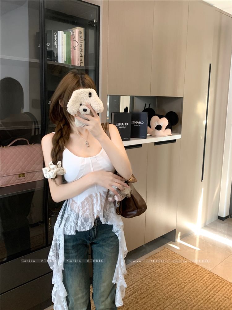 Neck Trim Top Scoop Plain Lace Camisole Asymmetrical