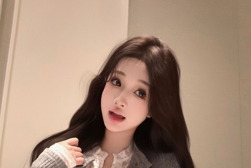 Fit Two-Piece Ribbed Trim Cardigan Lace Slim Mock Plain