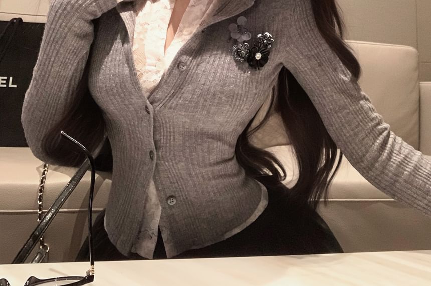 Fit Two-Piece Ribbed Trim Cardigan Lace Slim Mock Plain