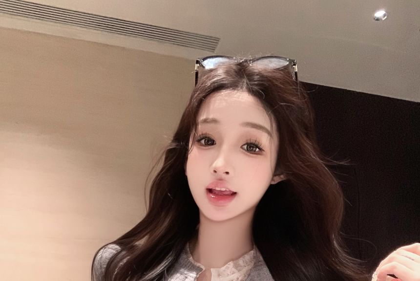 Fit Two-Piece Ribbed Trim Cardigan Lace Slim Mock Plain