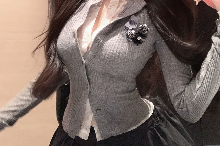 Fit Two-Piece Ribbed Trim Cardigan Lace Slim Mock Plain