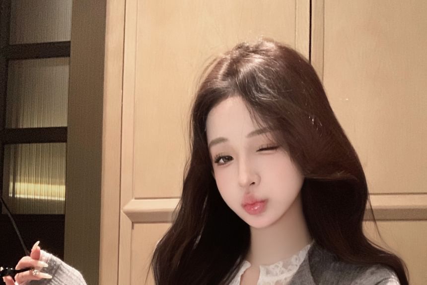 Fit Two-Piece Ribbed Trim Cardigan Lace Slim Mock Plain