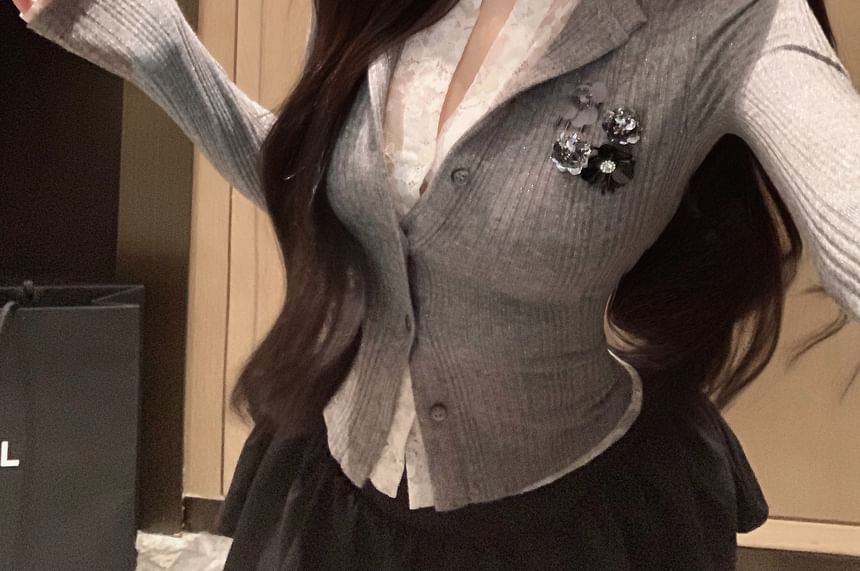 Fit Two-Piece Ribbed Trim Cardigan Lace Slim Mock Plain