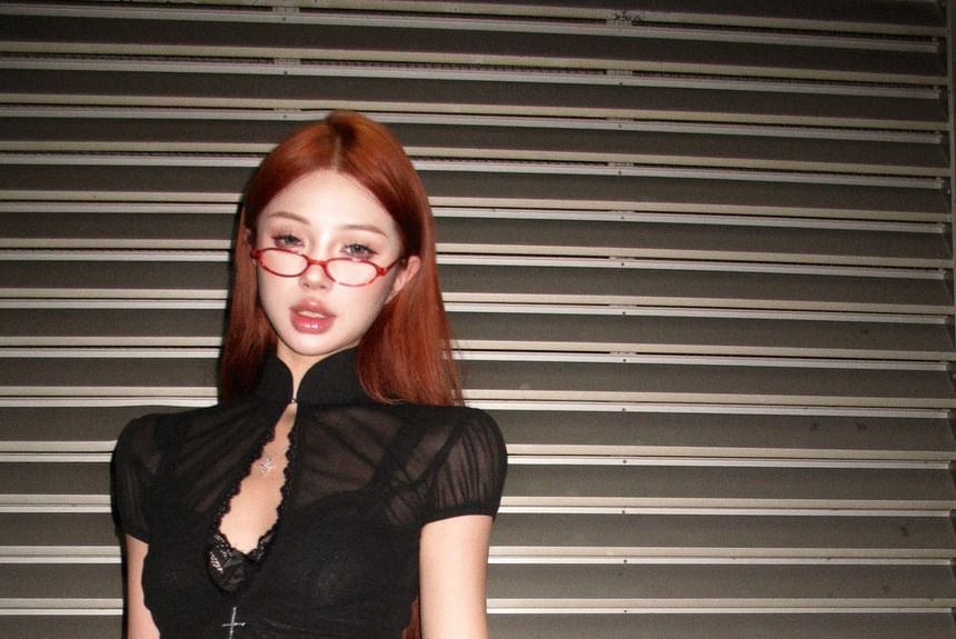 Stand Collar Mid Rise Lace Skirt Bra Blouse / A-Line Crop Mini Puff-Sleeve