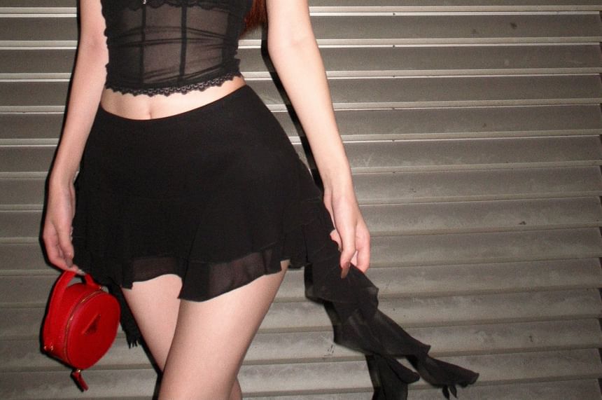 Stand Collar Mid Rise Lace Skirt Bra Blouse / A-Line Crop Mini Puff-Sleeve