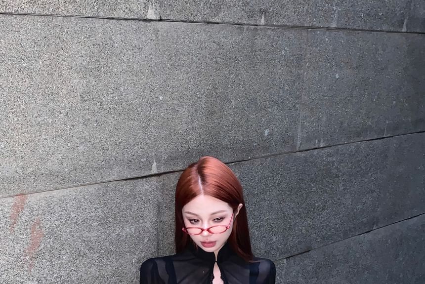 Stand Collar Mid Rise Lace Skirt Bra Blouse / A-Line Crop Mini Puff-Sleeve