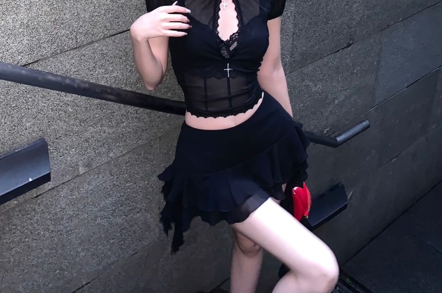 Stand Collar Mid Rise Lace Skirt Bra Blouse / A-Line Crop Mini Puff-Sleeve