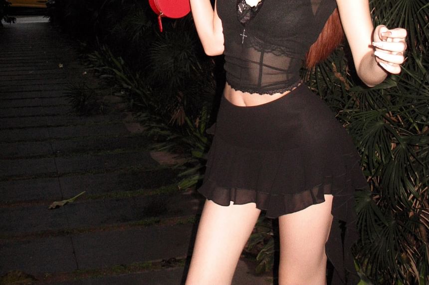 Stand Collar Mid Rise Lace Skirt Bra Blouse / A-Line Crop Mini Puff-Sleeve