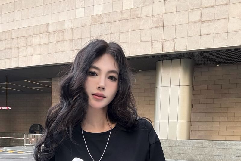 Tee Neck Lace Crew Long-Sleeve Mock Lettering Panel Two-Piece