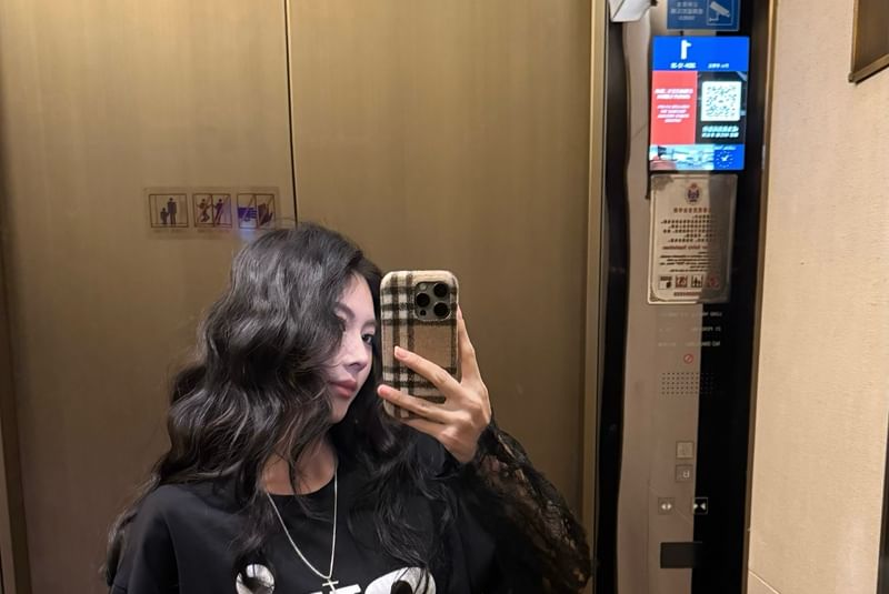 Tee Neck Lace Crew Long-Sleeve Mock Lettering Panel Two-Piece