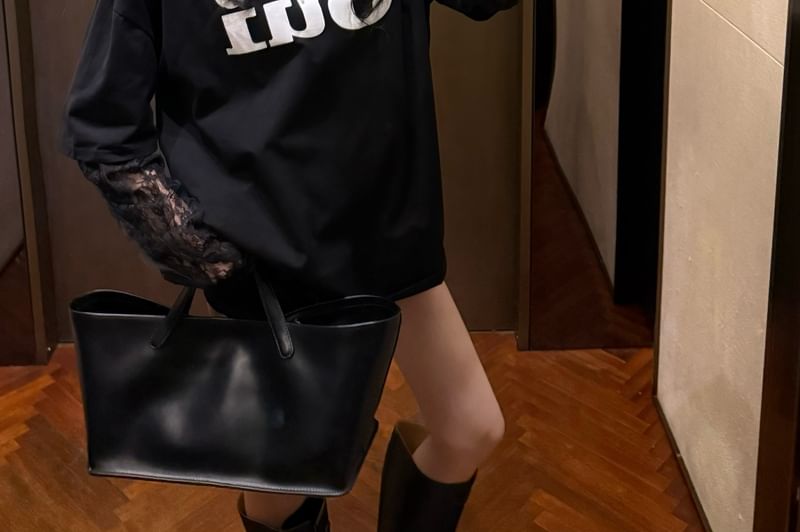 Tee Neck Lace Crew Long-Sleeve Mock Lettering Panel Two-Piece