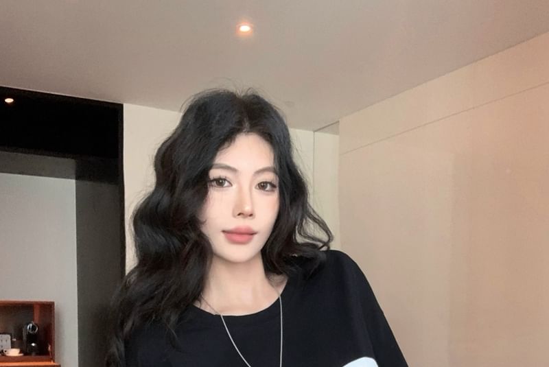 Tee Neck Lace Crew Long-Sleeve Mock Lettering Panel Two-Piece