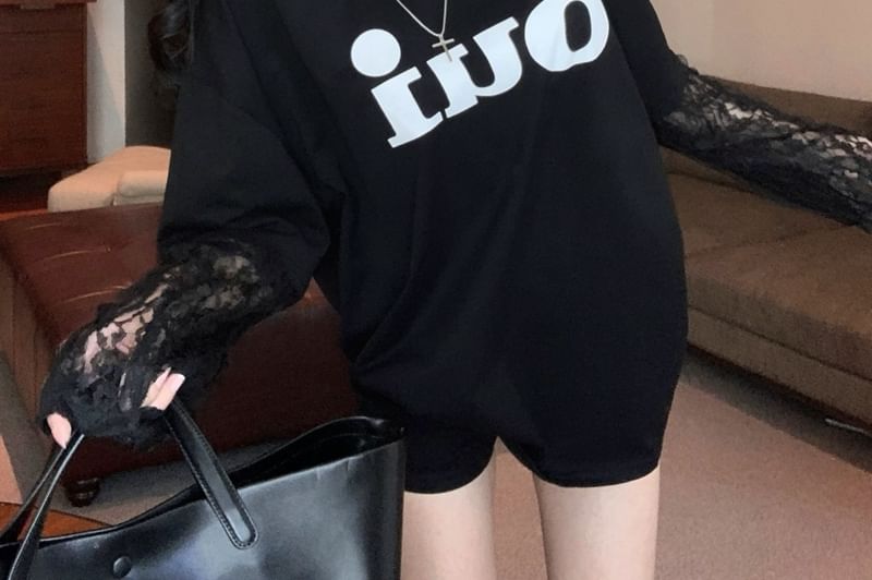 Tee Neck Lace Crew Long-Sleeve Mock Lettering Panel Two-Piece