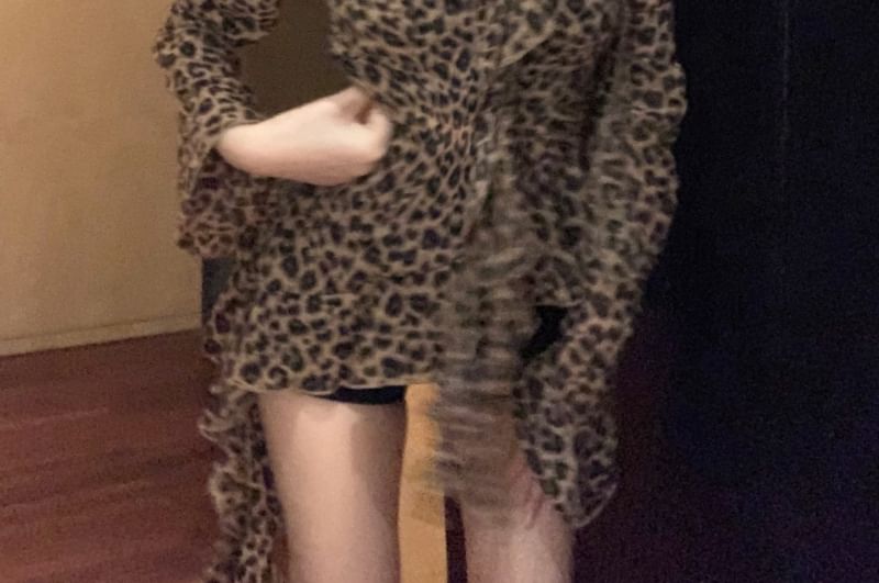 Print Blouse Long-Sleeve Choker-Neck Leopard Asymmetrical Ruffled