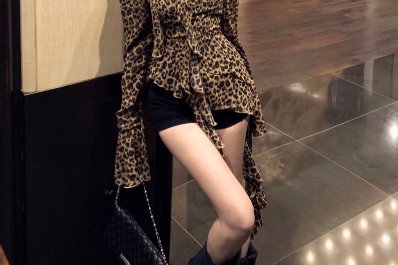 Print Blouse Long-Sleeve Choker-Neck Leopard Asymmetrical Ruffled
