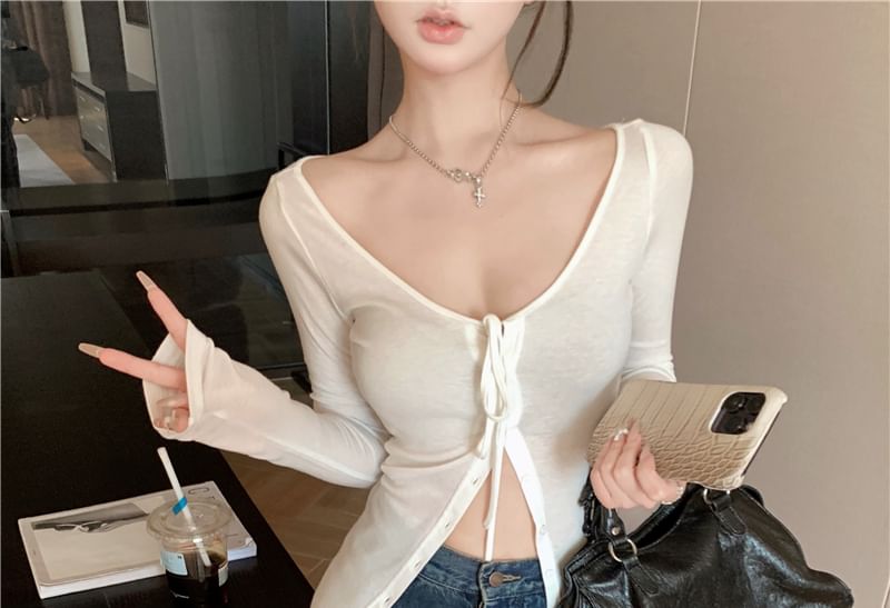 Knit Sleeve Plain Scoop Neck Long Top