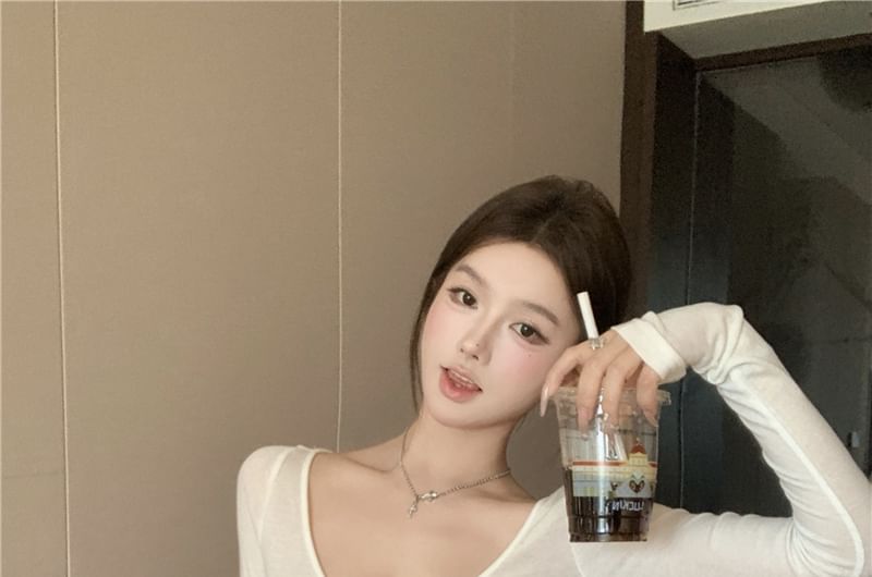 Knit Sleeve Plain Scoop Neck Long Top