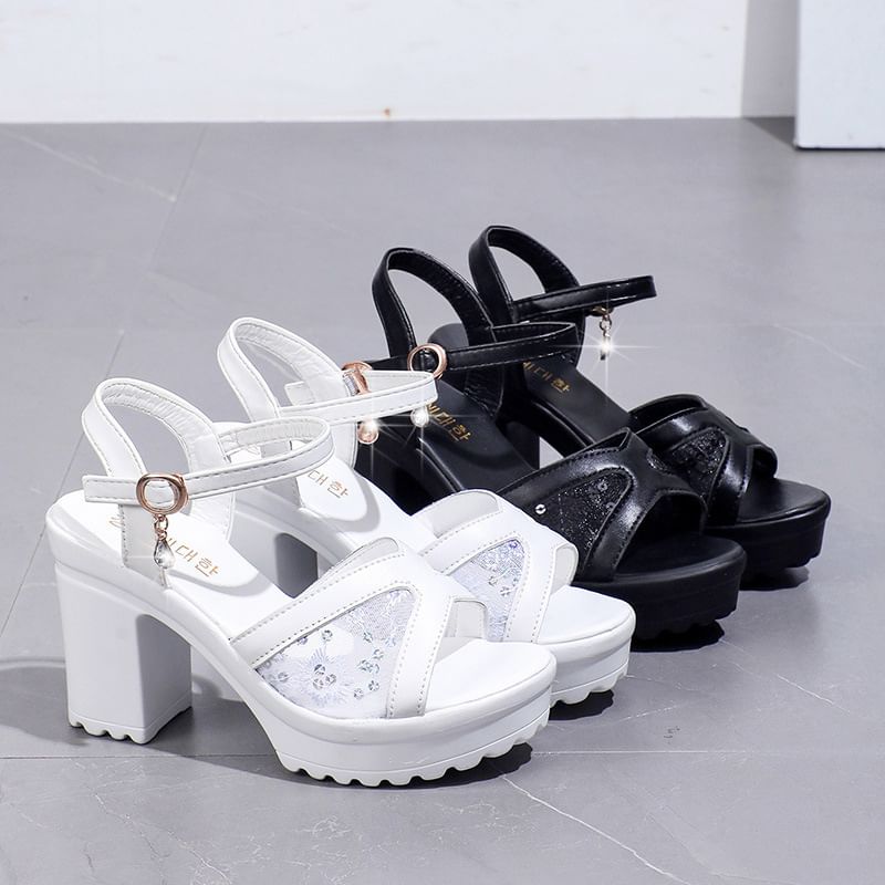 Sandals Platform Heel Sequined Chunky