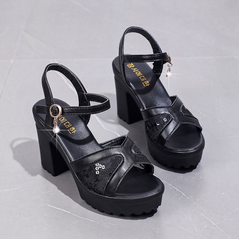 Sandals Platform Heel Sequined Chunky