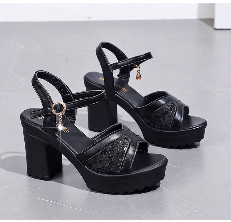 Sandals Platform Heel Sequined Chunky